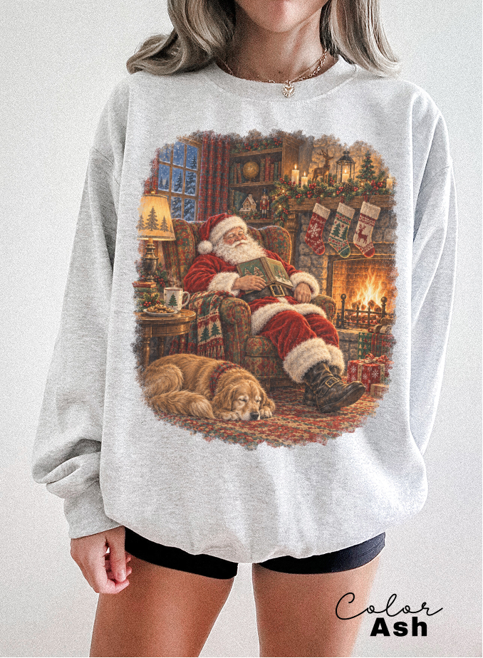Vintage 90s Santa Sweatshirt, Retro Christmas Crewneck, Reading, Book Lover