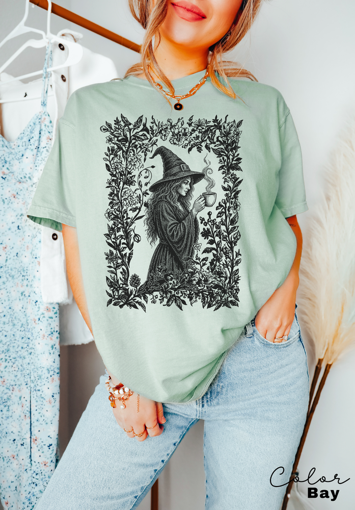 Witch Coffee Lover Shirt, Retro Vintage Floral Style Shirt, Comfort Colors Tee, Halloween