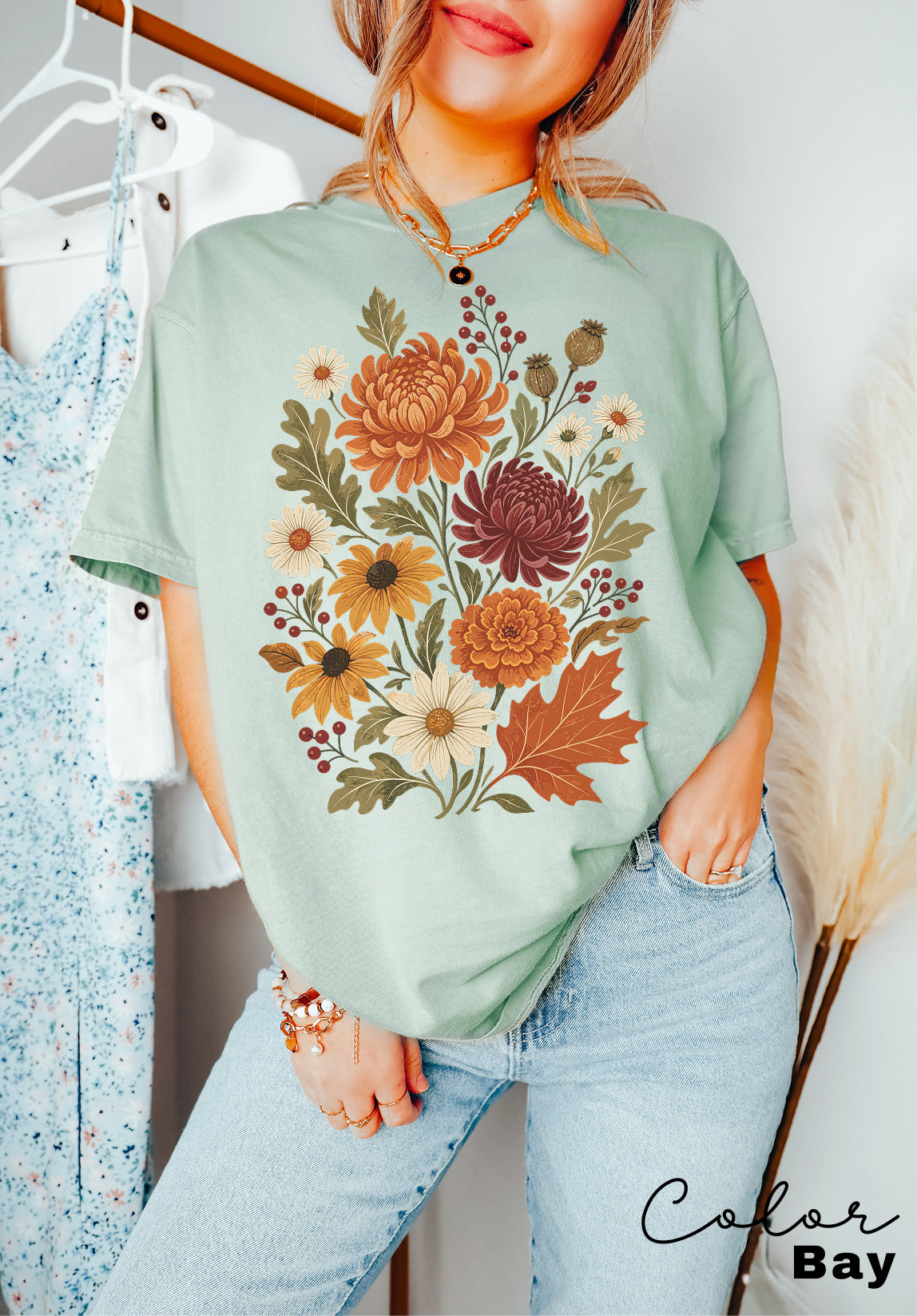 Fall Floral T-Shirt, Vintage Botanical Tee, Boho Fall Flowers