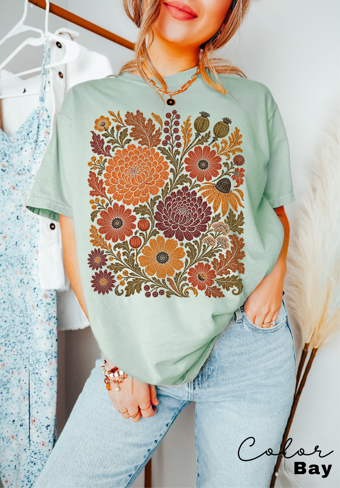 Fall Floral T-Shirt, Comfort Colors Tee, Botanical Art Shirt, Boho Cottagecore Shirt