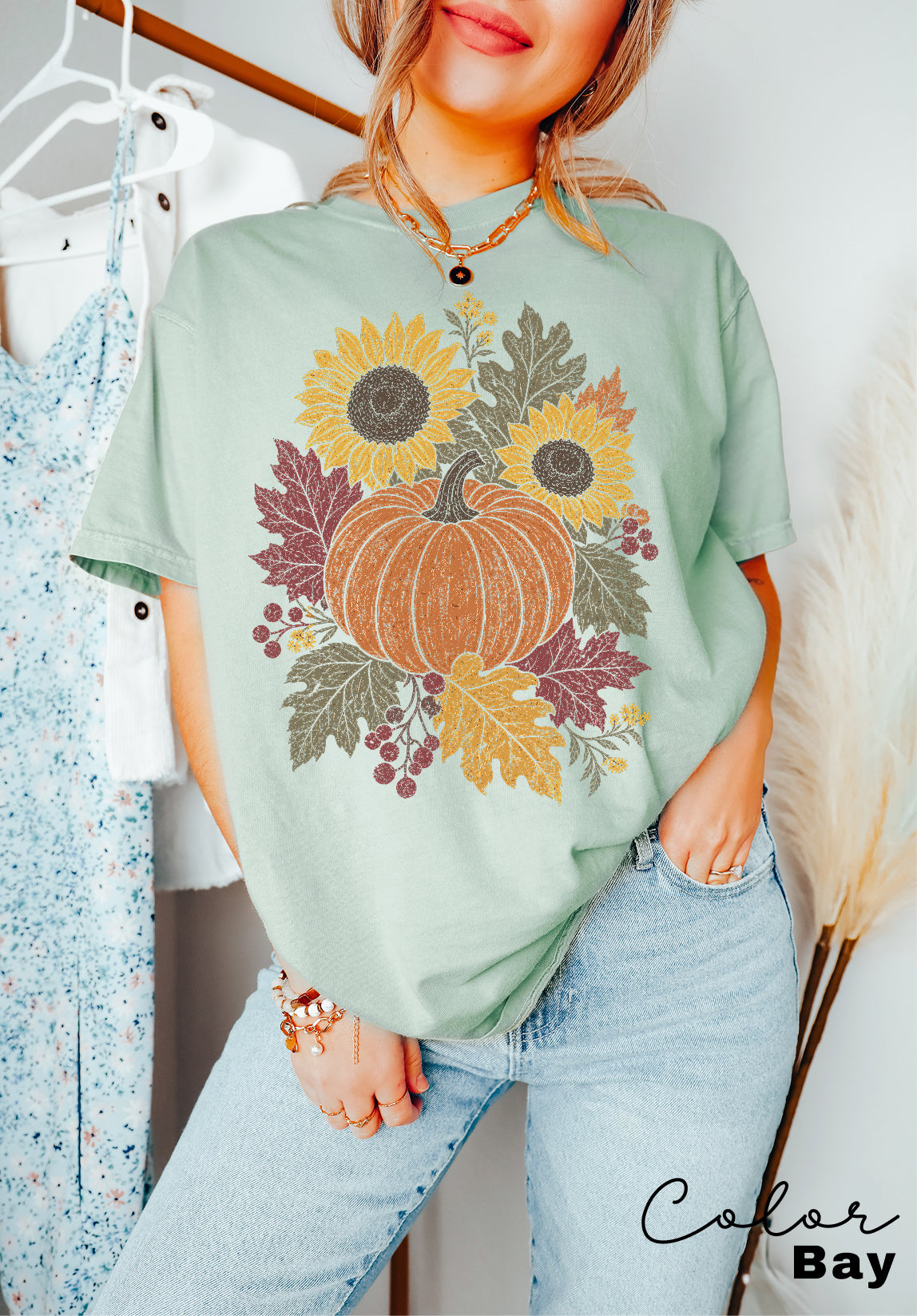 Fall Pumpkin Floral T-Shirt, Comfort Colors Tee, Botanical Autumn Shirt, Boho Cottagecore Tee