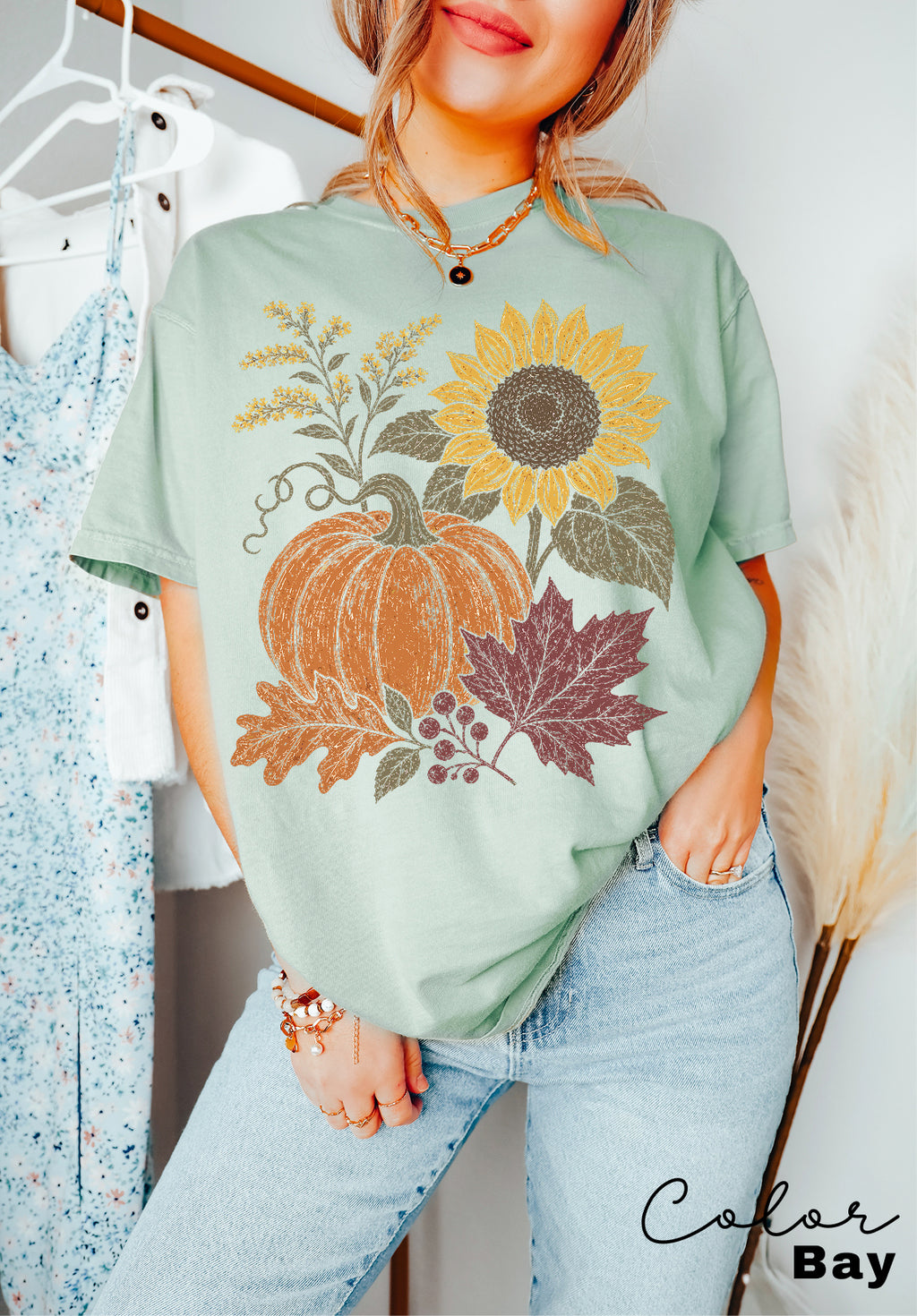 Boho Fall Floral Comfort Colors Shirt, Fall Floral Tshirt, Fall Pumpkin