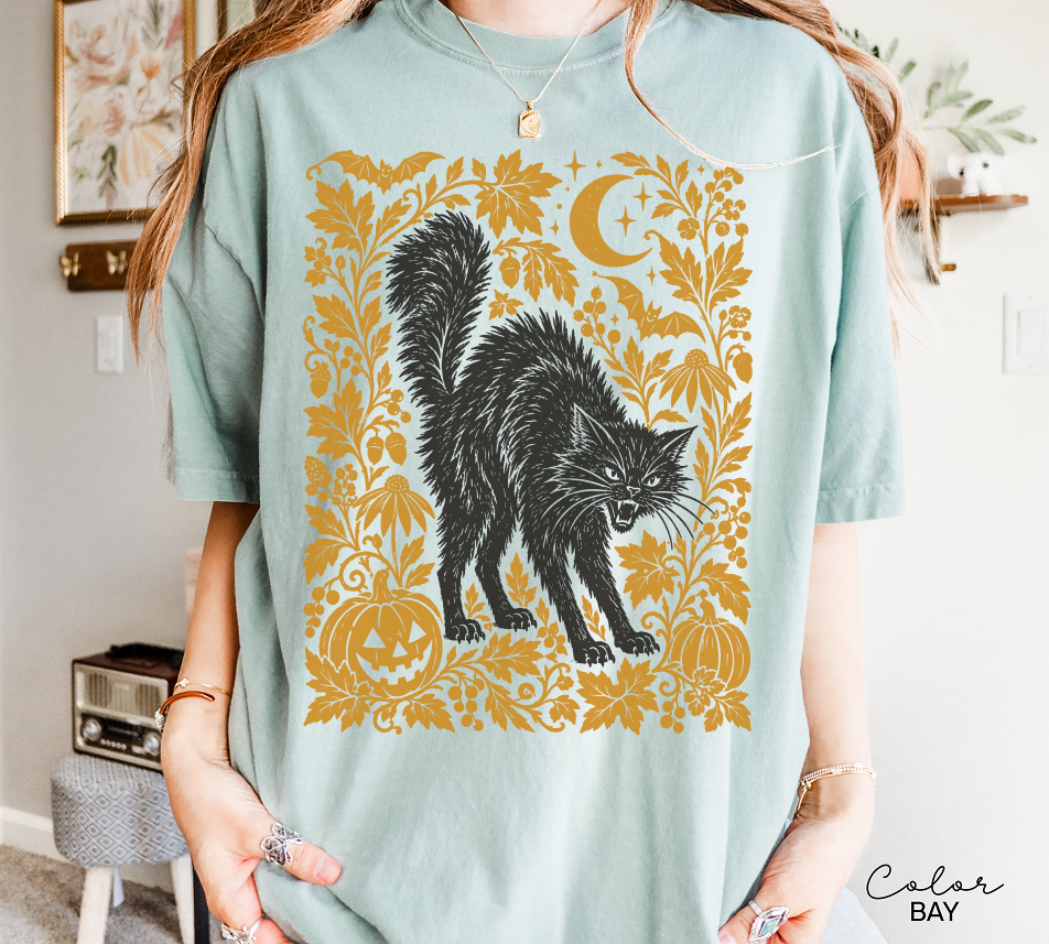 Black Cat Halloween Shirt, Witchy Graphic Tee, Fall Pumpkin T-Shirt, Vintage Spooky Season