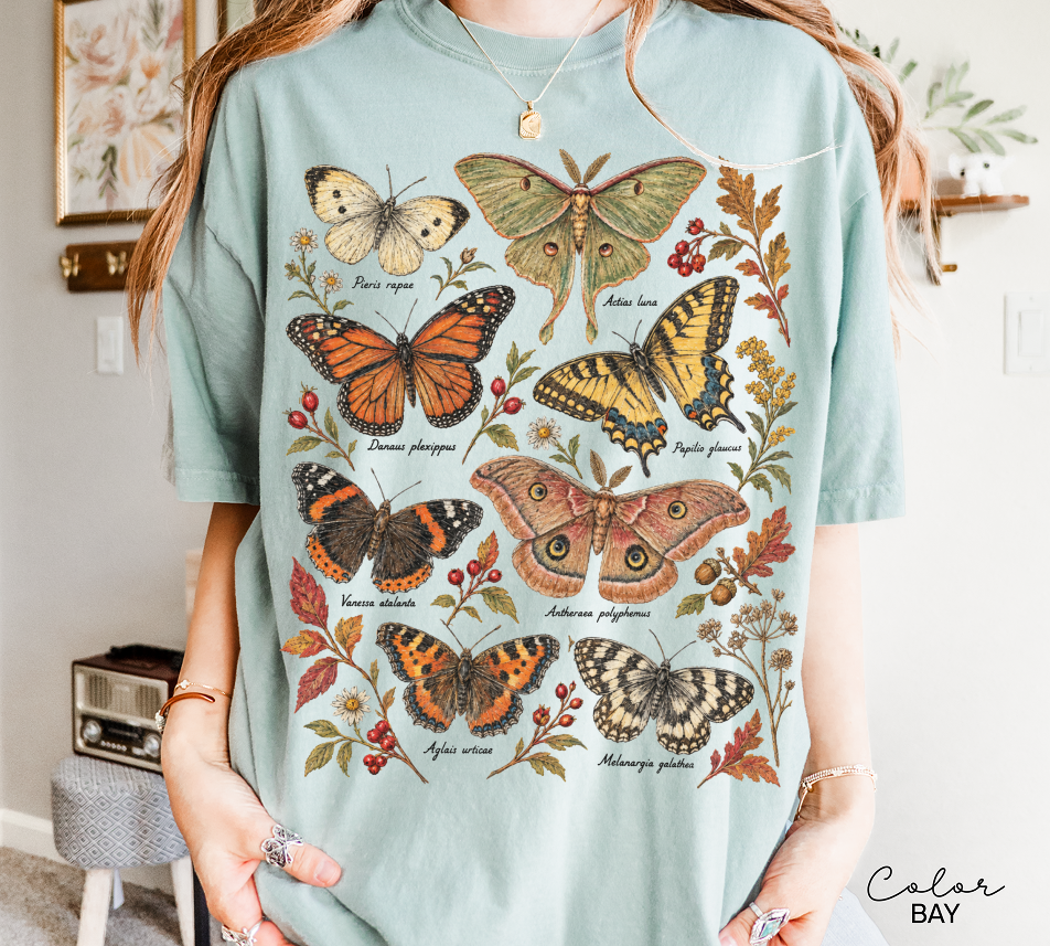 Vintage Botanical Butterfly T-Shirt, Autumn Floral Nature Tee
