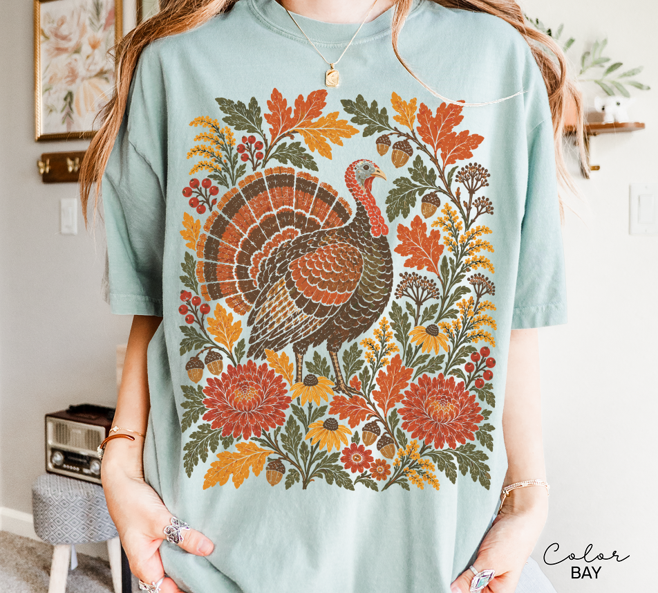 Thanksgiving Turkey T-Shirt, Fall Leaves and Flowers