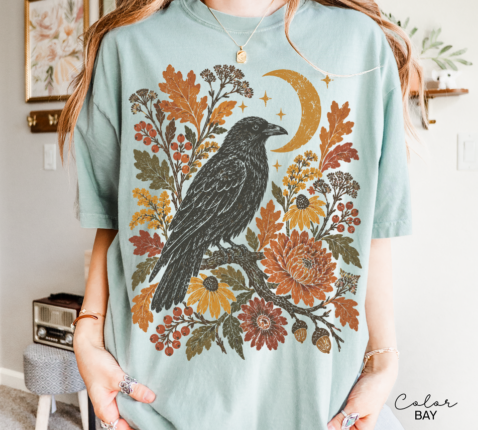 Crow T-Shirt, Autumn Floral Graphic Tee