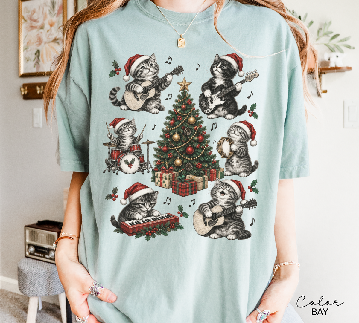 Christmas Cat Music Shirt, Cat Rock Shirt, Christmas Tree Shirt