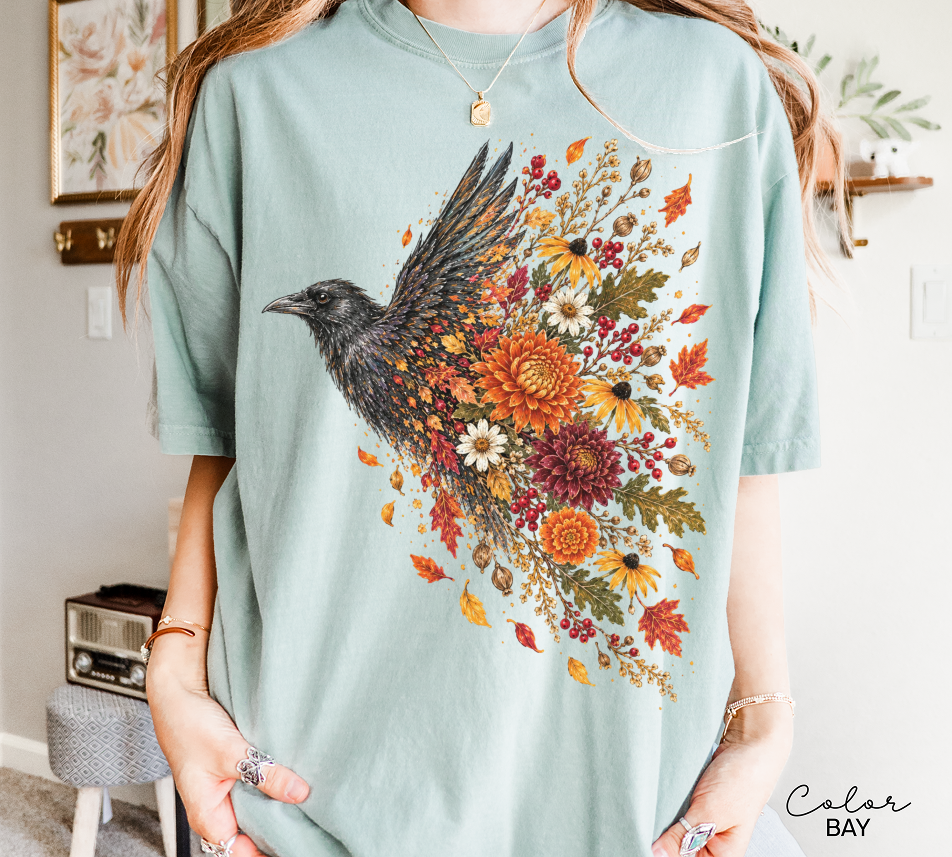 Crow Floral T-Shirt, Fall Flowers and Leaves Nature Shirt