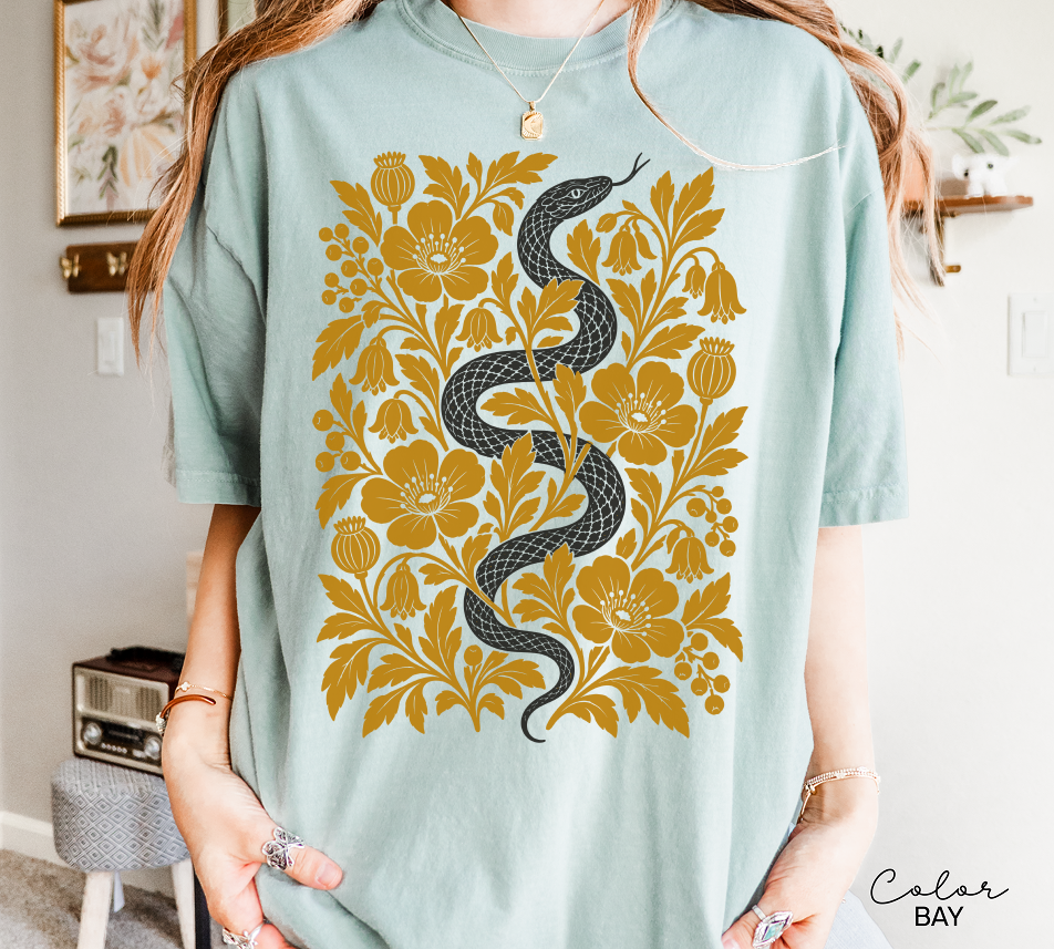 Retro Snake Floral T-Shirt, Botanical Vintage Tee, Comfort Colors Tee, Boho Cottagecore