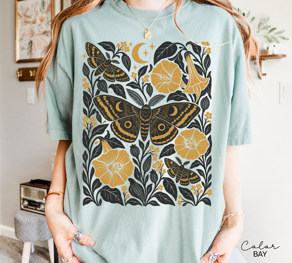 Vintage Moth Shirt, Retro Botanical Flower Tee, Cottagecore Nature, Comfort Colors Tee