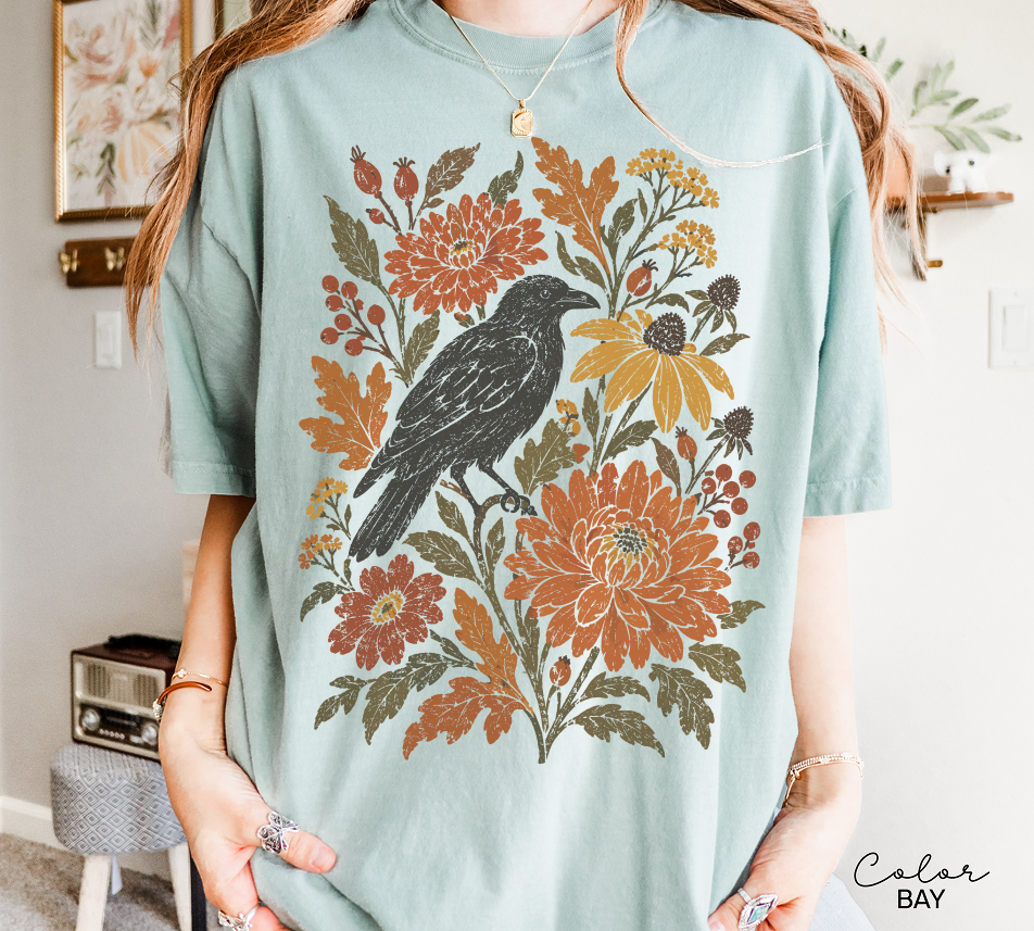 Crow Fall T-Shirt, Fall Floral Shirt, Autumn Botanical Tee