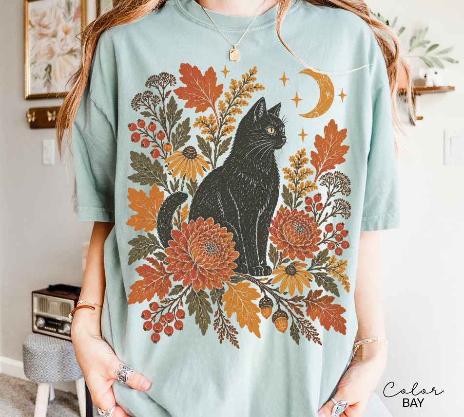 Black Cat Fall Shirt, Autumn Floral Graphic Tee