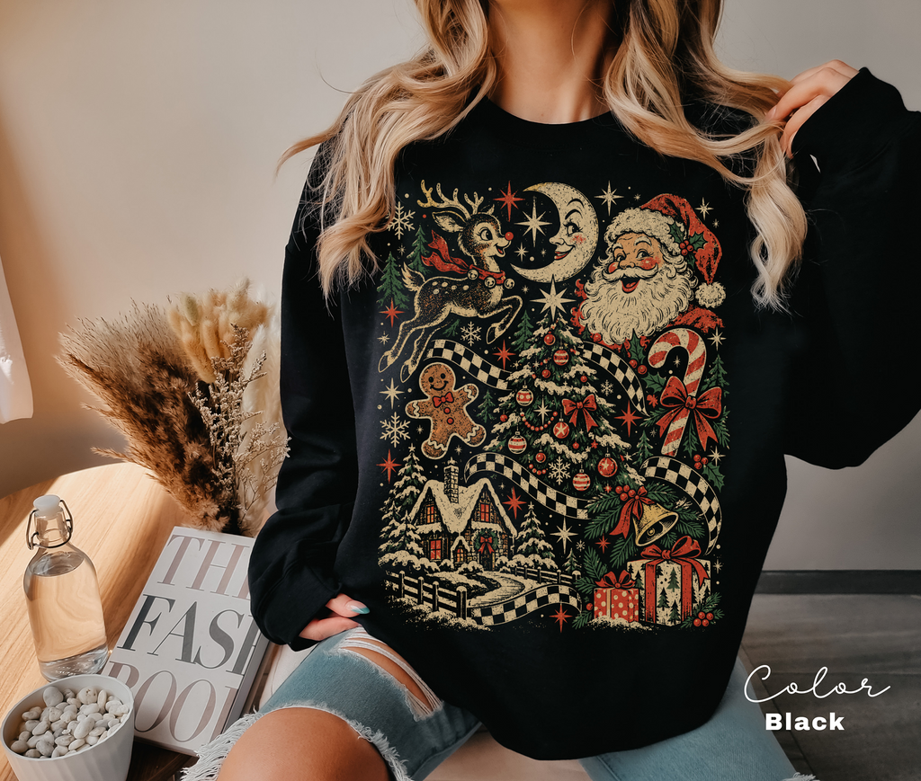 Retro Christmas Sweatshirt, Vintage Holiday Crewneck, Festive Santa and Reindeer Design