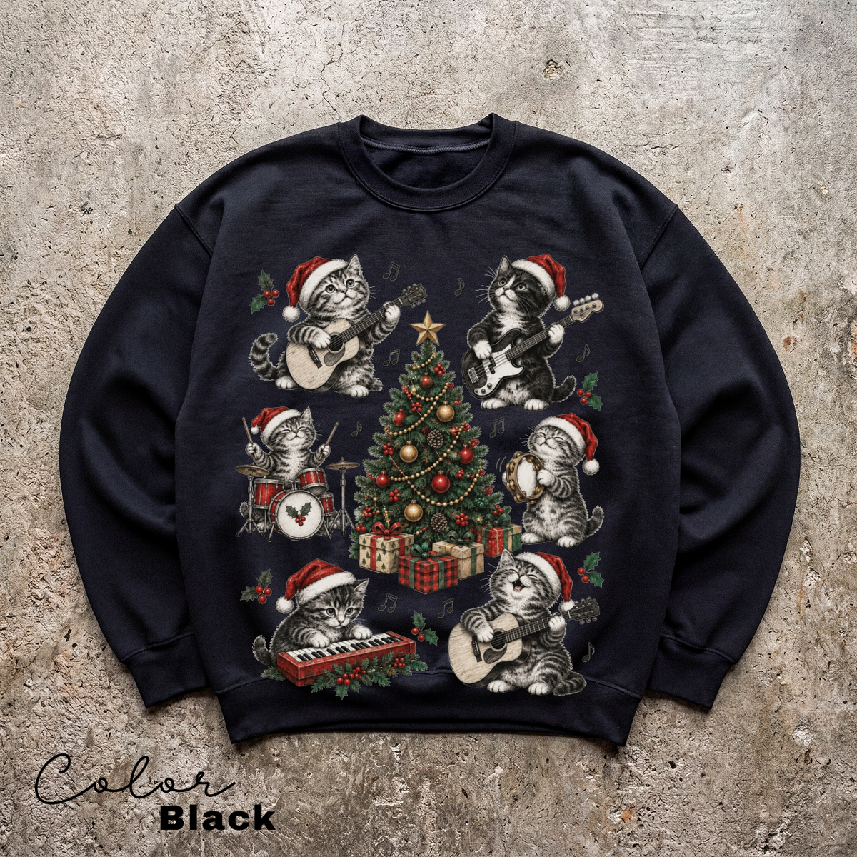 Christmas Cat Sweatshirt, Holiday Cat Crewneck, Cute Cat Music Sweater