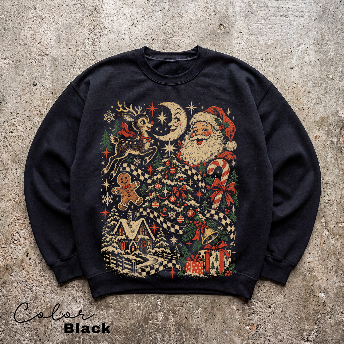 Retro Christmas Sweatshirt, Vintage Holiday Crewneck, Festive Santa and Reindeer Design