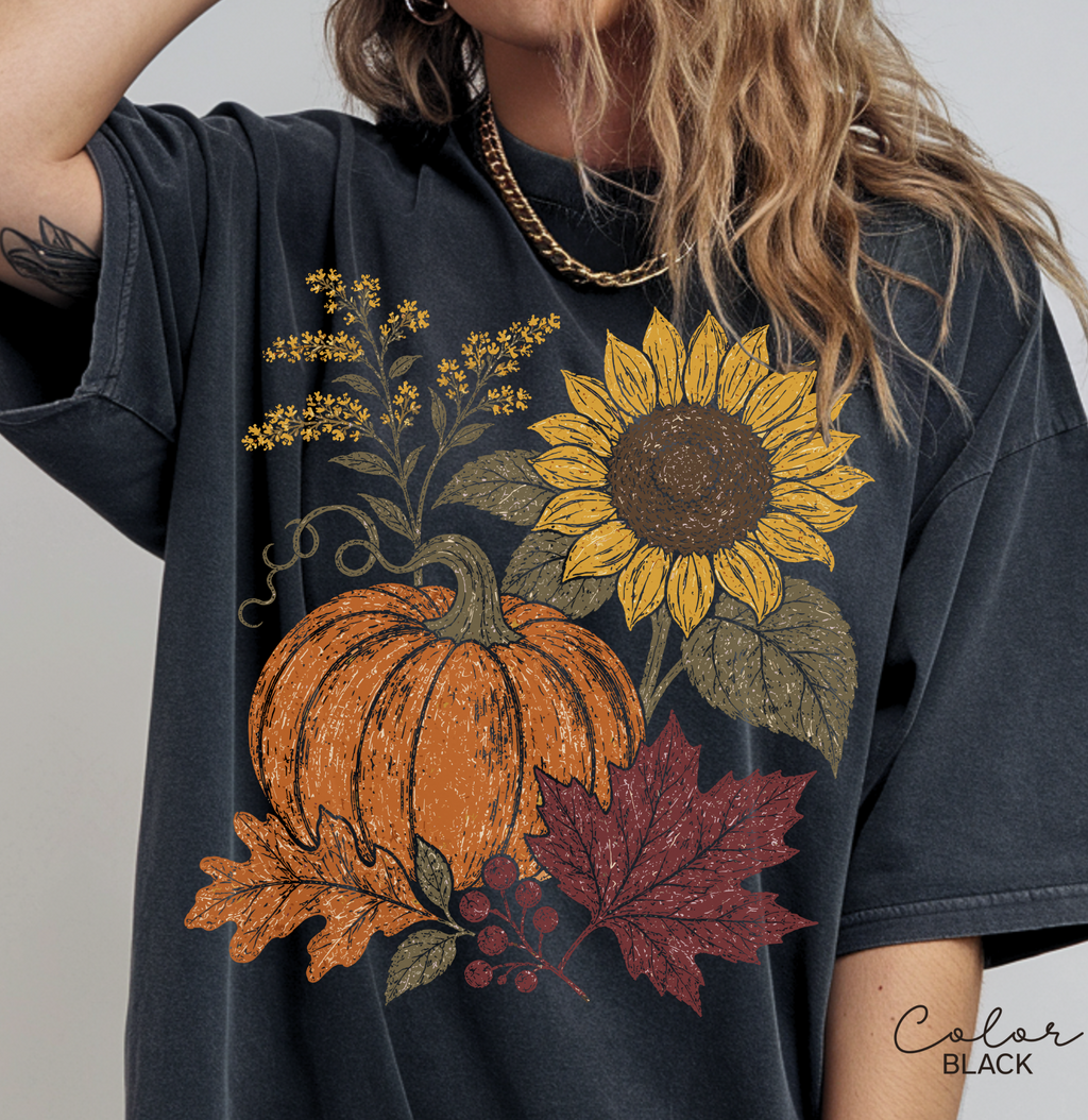Boho Fall Floral Comfort Colors Shirt, Fall Floral Tshirt, Fall Pumpkin
