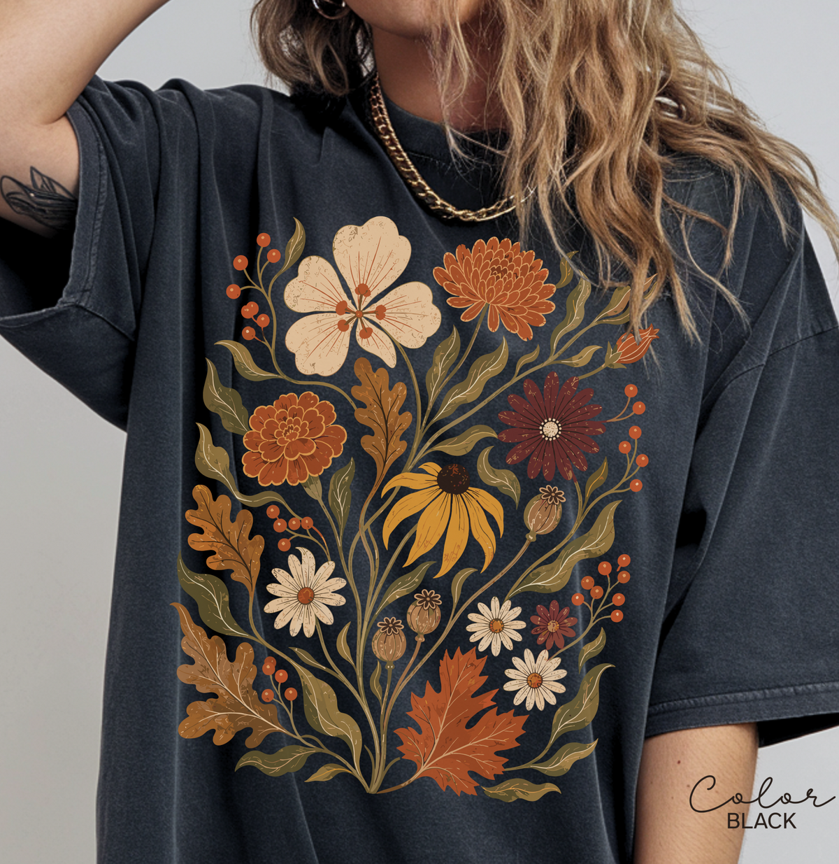 Fall Floral T-Shirt, Vintage Botanical Graphic Tee, Rustic Wildflower Shirt, Autumn Tee