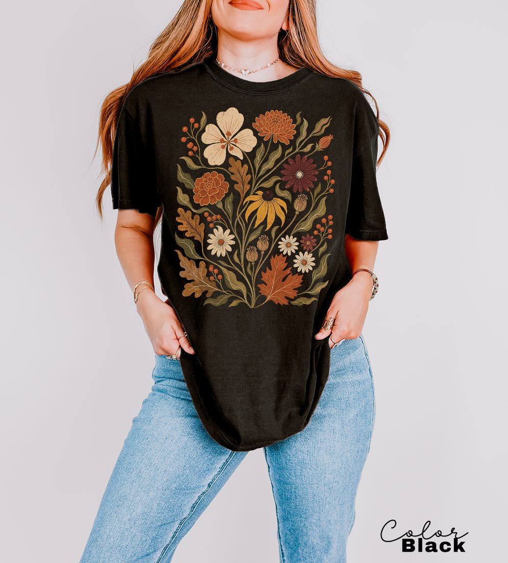 Fall Floral T-Shirt, Vintage Botanical Graphic Tee, Rustic Wildflower Shirt, Autumn Tee