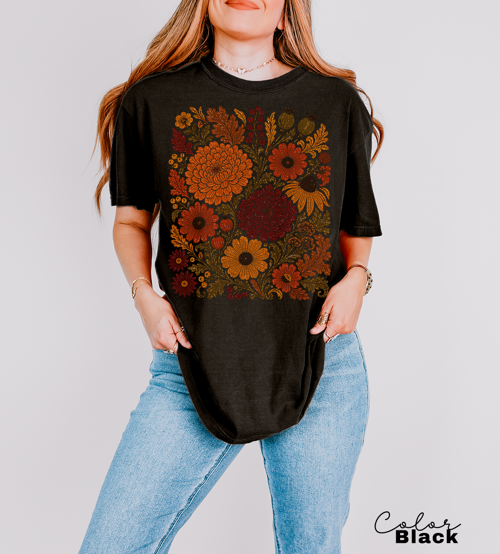 Fall Floral T-Shirt, Comfort Colors Tee, Botanical Art Shirt, Boho Cottagecore Shirt