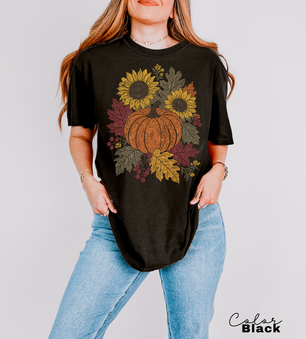 Fall Pumpkin Floral T-Shirt, Comfort Colors Tee, Botanical Autumn Shirt, Boho Cottagecore Tee
