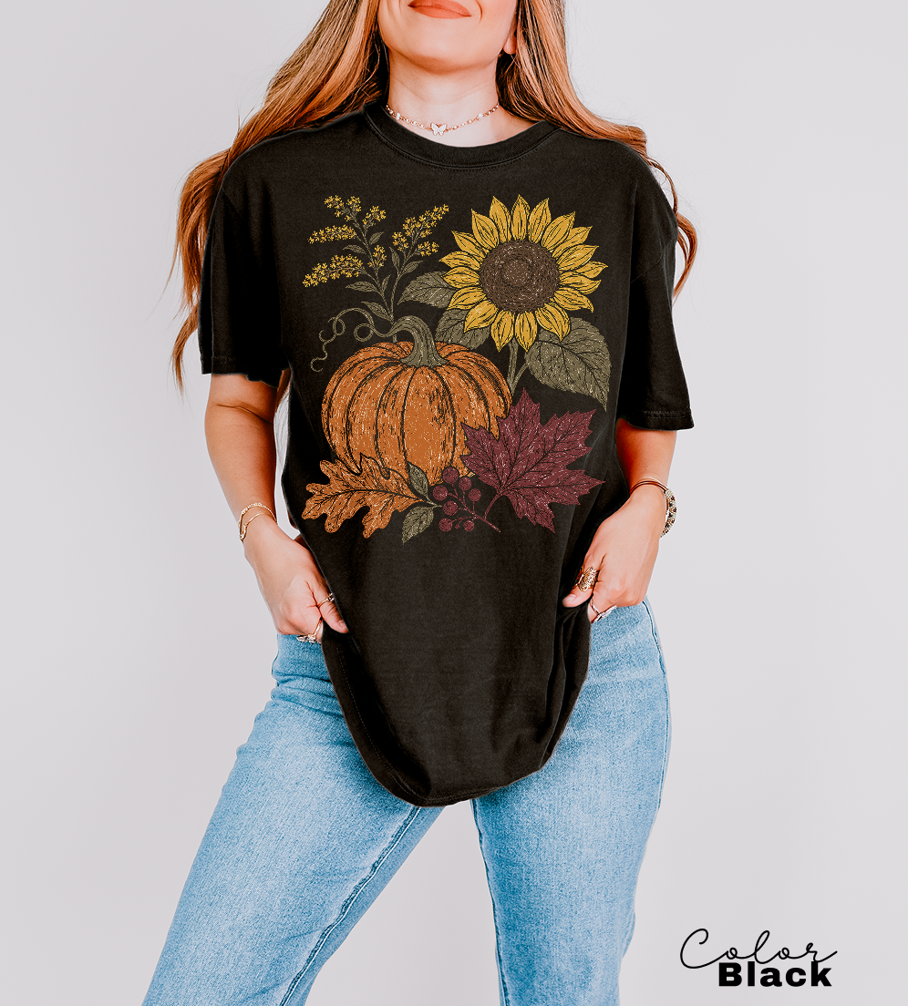Boho Fall Floral Comfort Colors Shirt, Fall Floral Tshirt, Fall Pumpkin