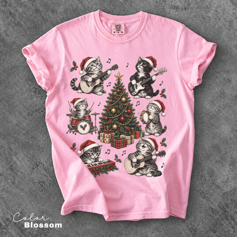 Christmas Cat Music Shirt, Cat Rock Shirt, Christmas Tree Shirt