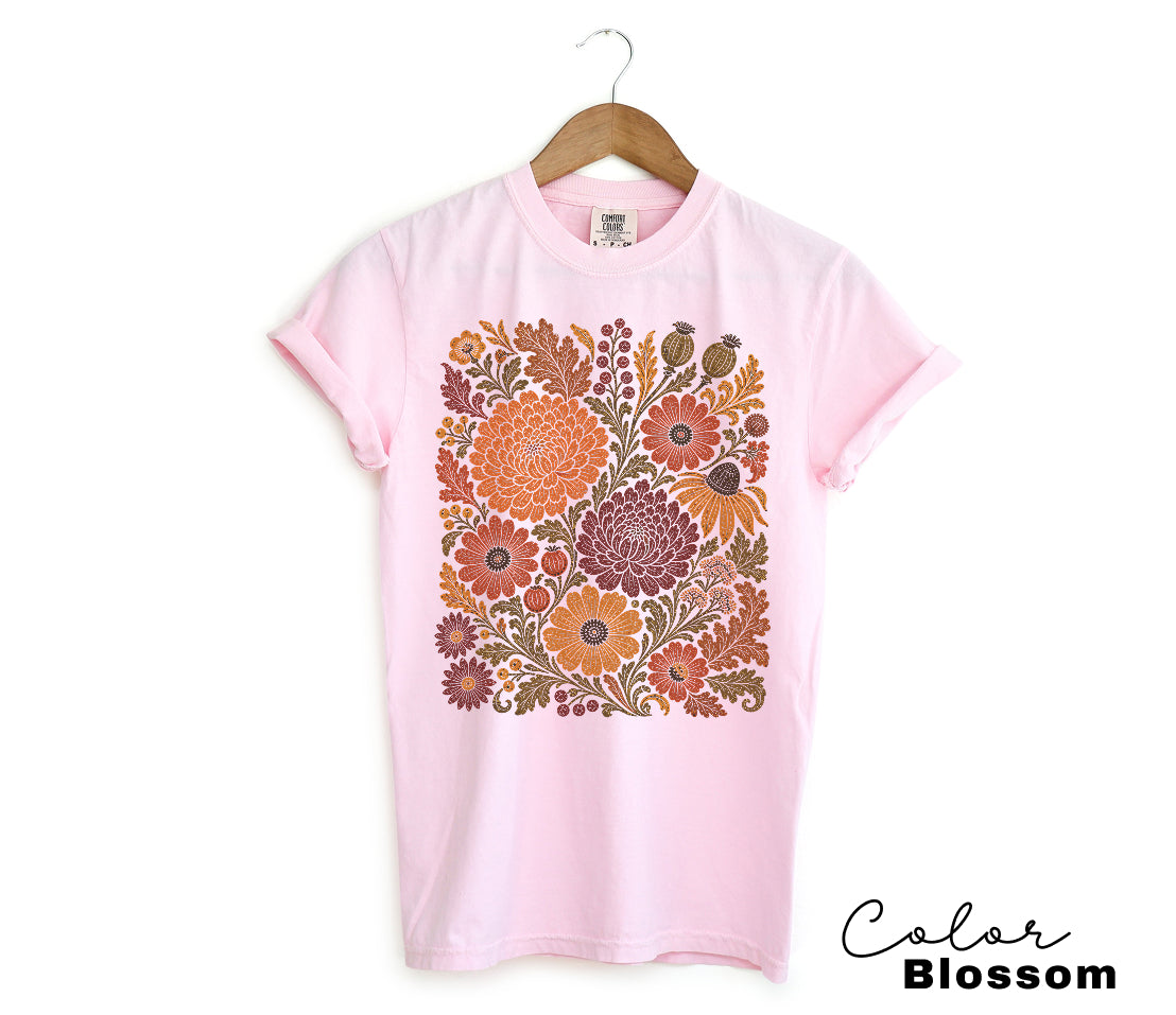 Fall Floral T-Shirt, Comfort Colors Tee, Botanical Art Shirt, Boho Cottagecore Shirt