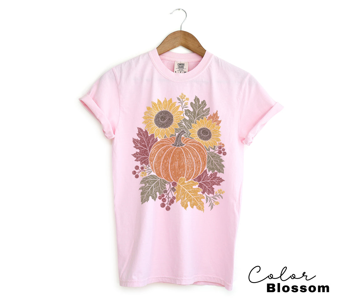 Fall Pumpkin Floral T-Shirt, Comfort Colors Tee, Botanical Autumn Shirt, Boho Cottagecore Tee