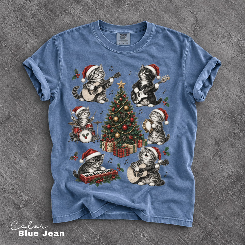 Christmas Cat Music Shirt, Cat Rock Shirt, Christmas Tree Shirt