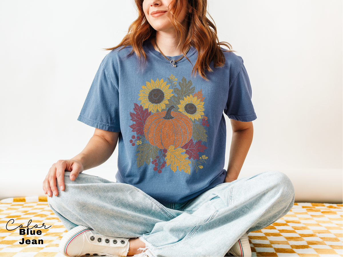Fall Pumpkin Floral T-Shirt, Comfort Colors Tee, Botanical Autumn Shirt, Boho Cottagecore Tee