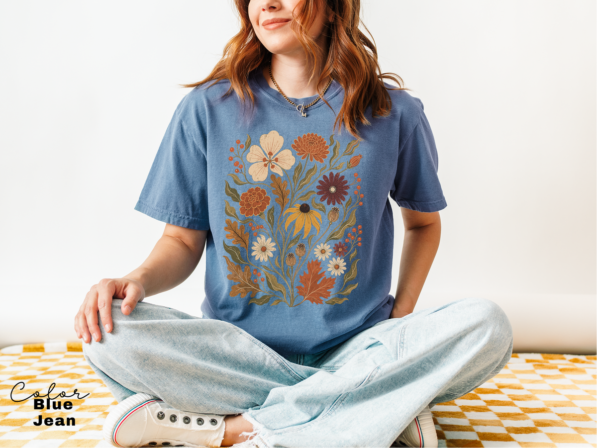 Fall Floral T-Shirt, Vintage Botanical Graphic Tee, Rustic Wildflower Shirt, Autumn Tee