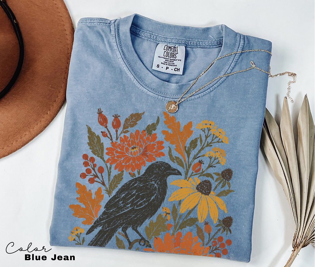 Crow Fall T-Shirt, Fall Floral Shirt, Autumn Botanical Tee