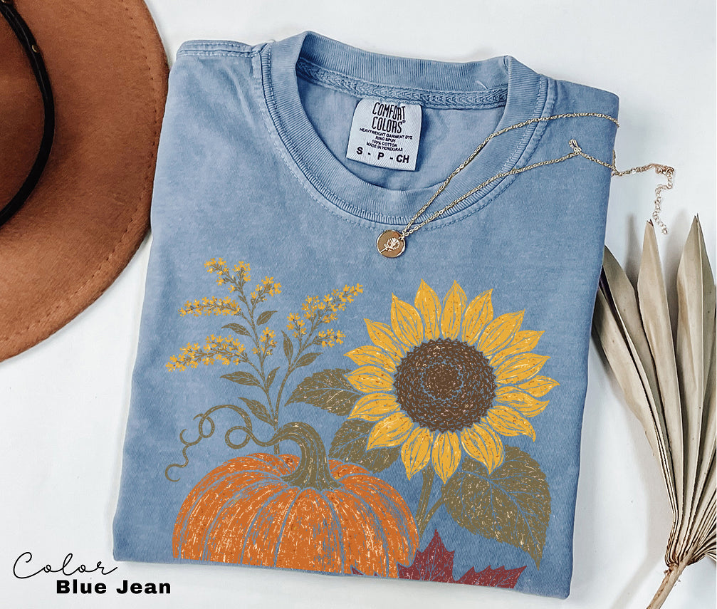 Boho Fall Floral Comfort Colors Shirt, Fall Floral Tshirt, Fall Pumpkin
