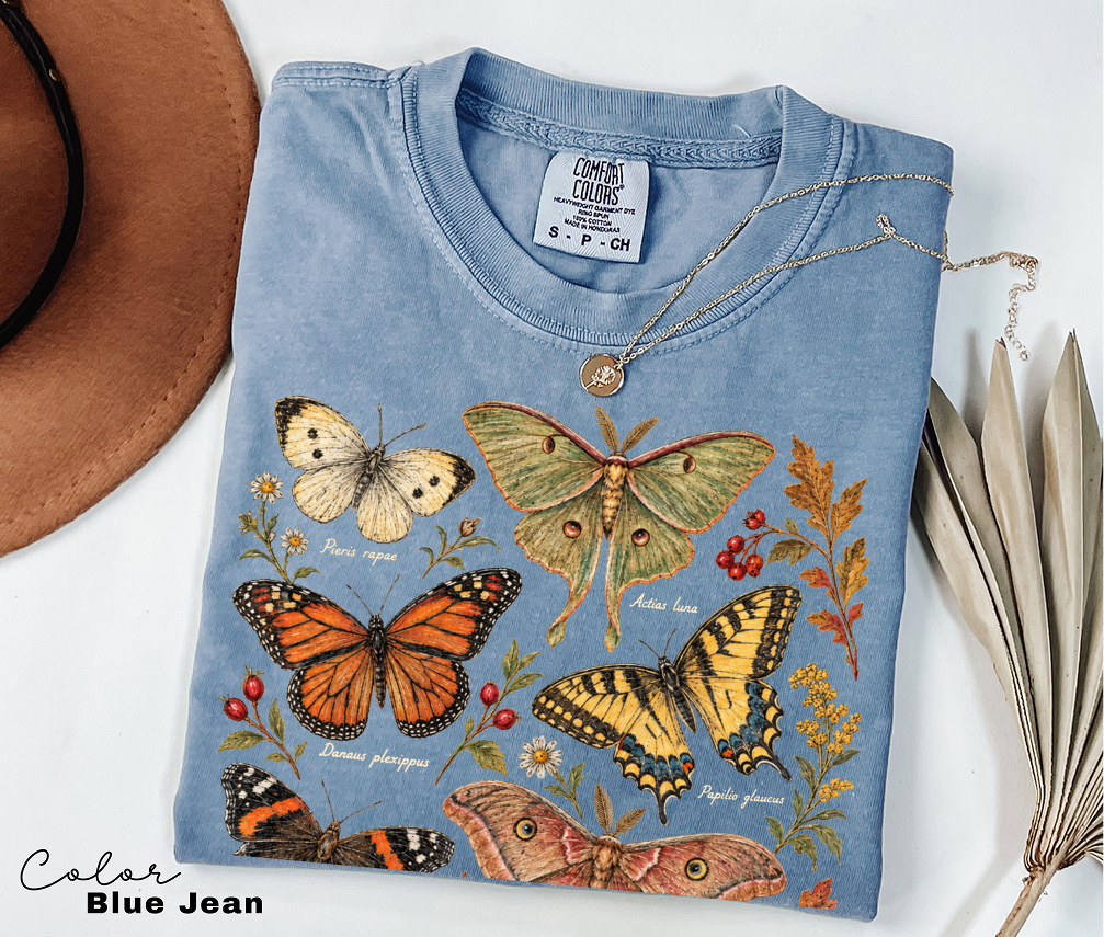 Vintage Botanical Butterfly T-Shirt, Autumn Floral Nature Tee