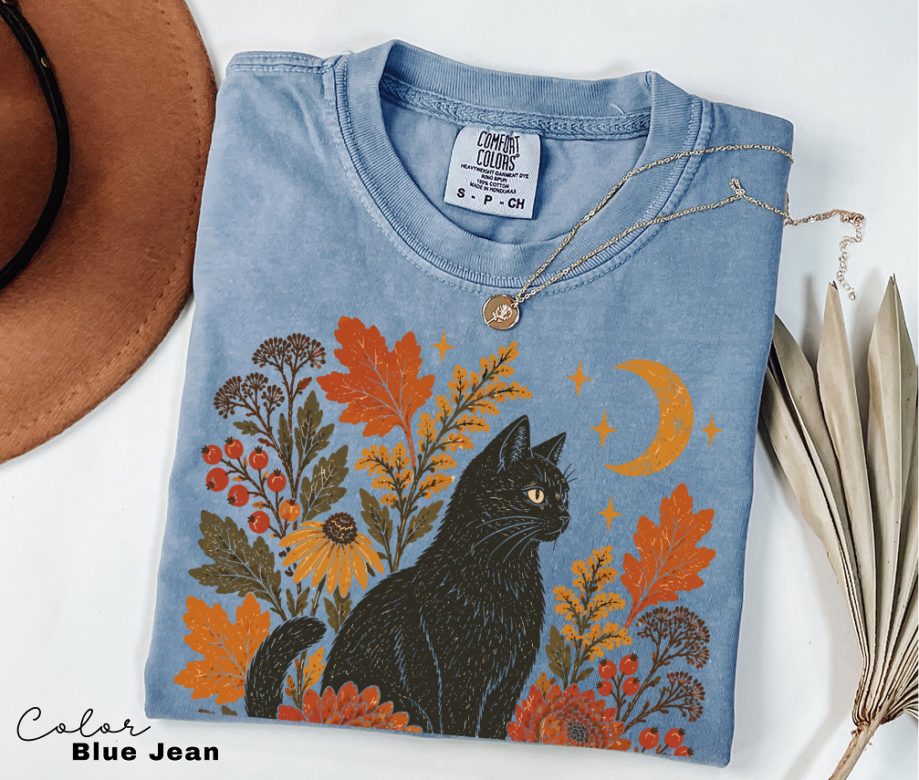 Black Cat Fall Shirt, Autumn Floral Graphic Tee