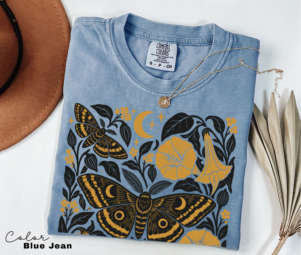 Vintage Moth Shirt, Retro Botanical Flower Tee, Cottagecore Nature, Comfort Colors Tee