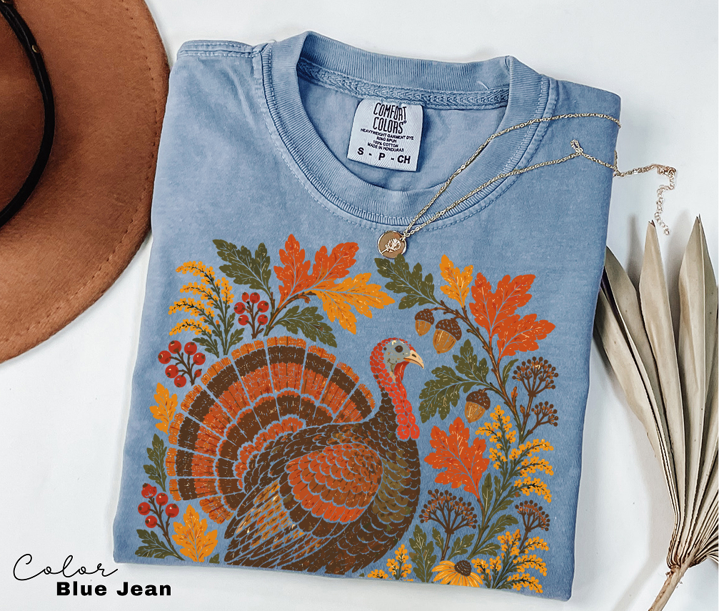 Thanksgiving Turkey T-Shirt, Fall Leaves and Flowers
