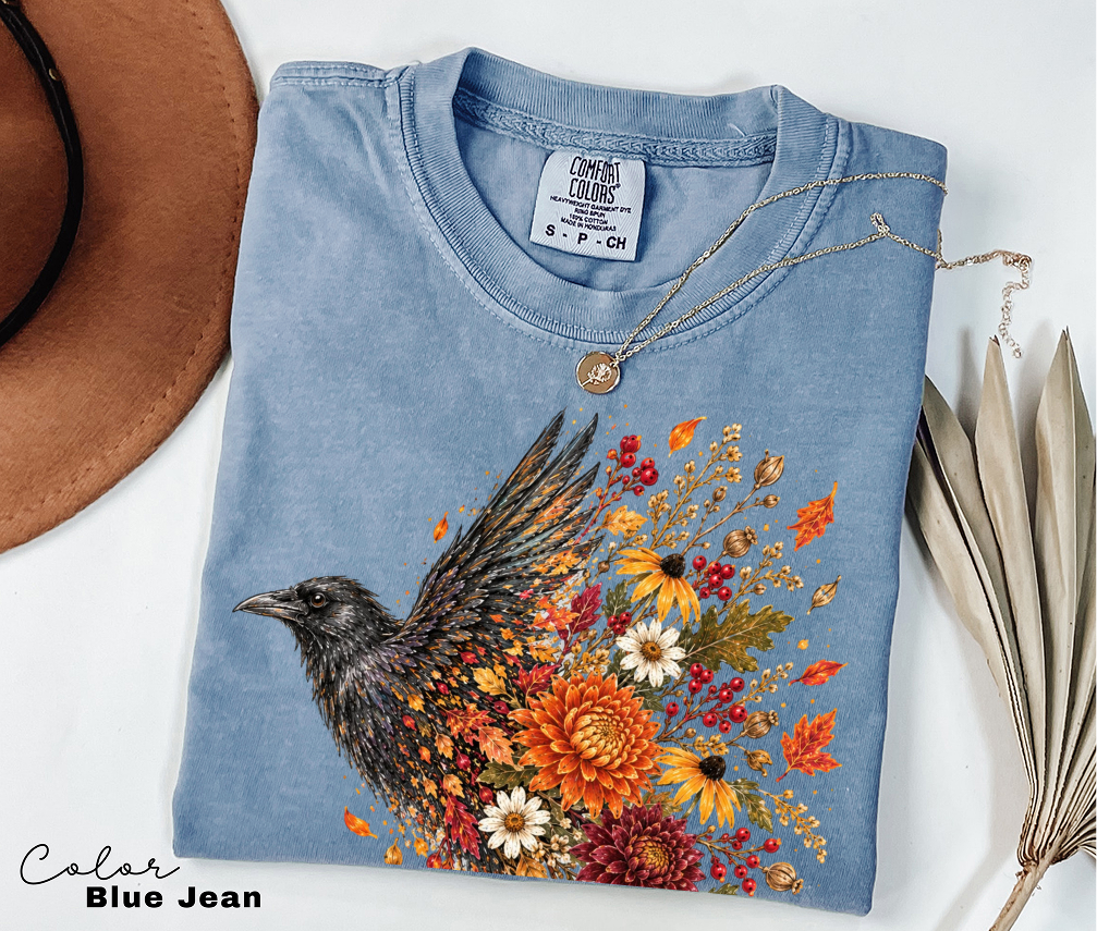 Crow Floral T-Shirt, Fall Flowers and Leaves Nature Shirt
