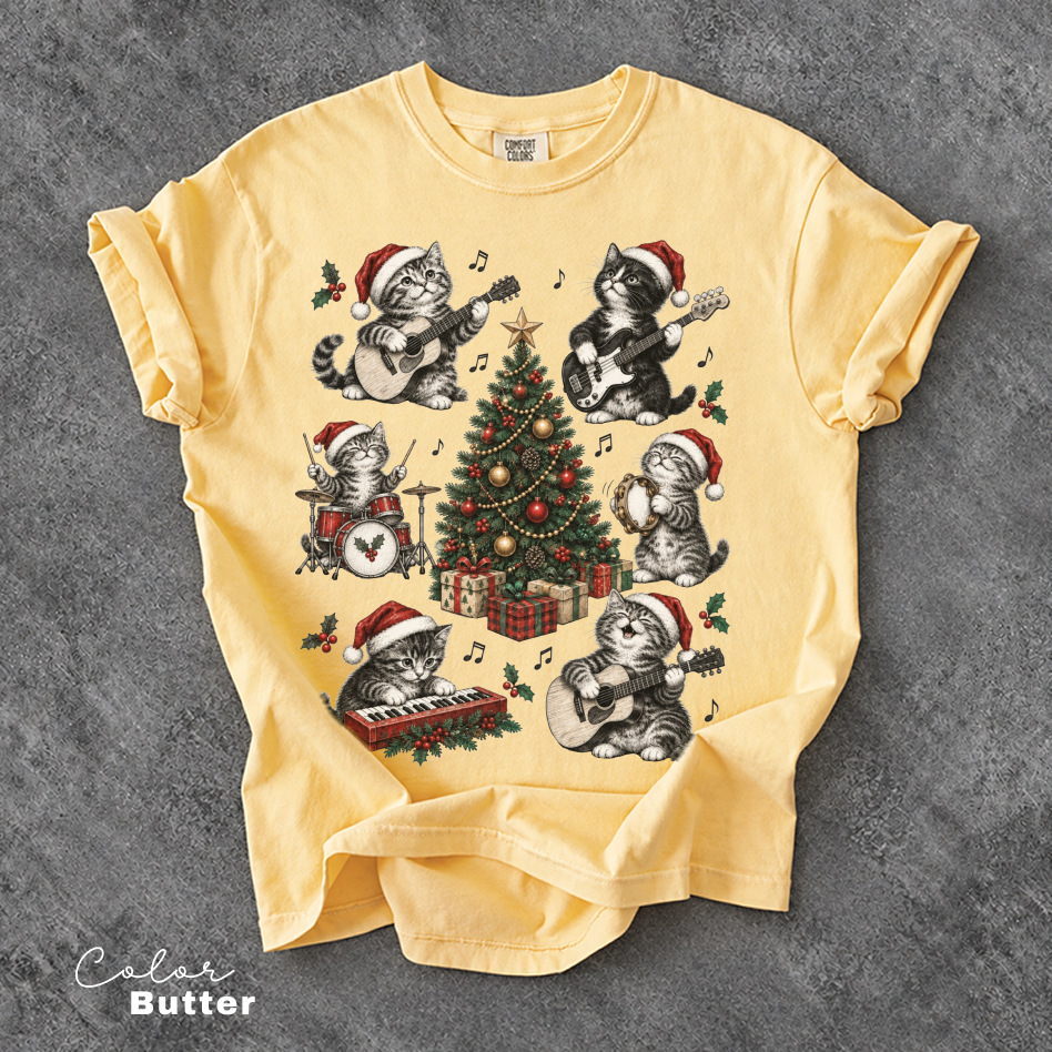 Christmas Cat Music Shirt, Cat Rock Shirt, Christmas Tree Shirt