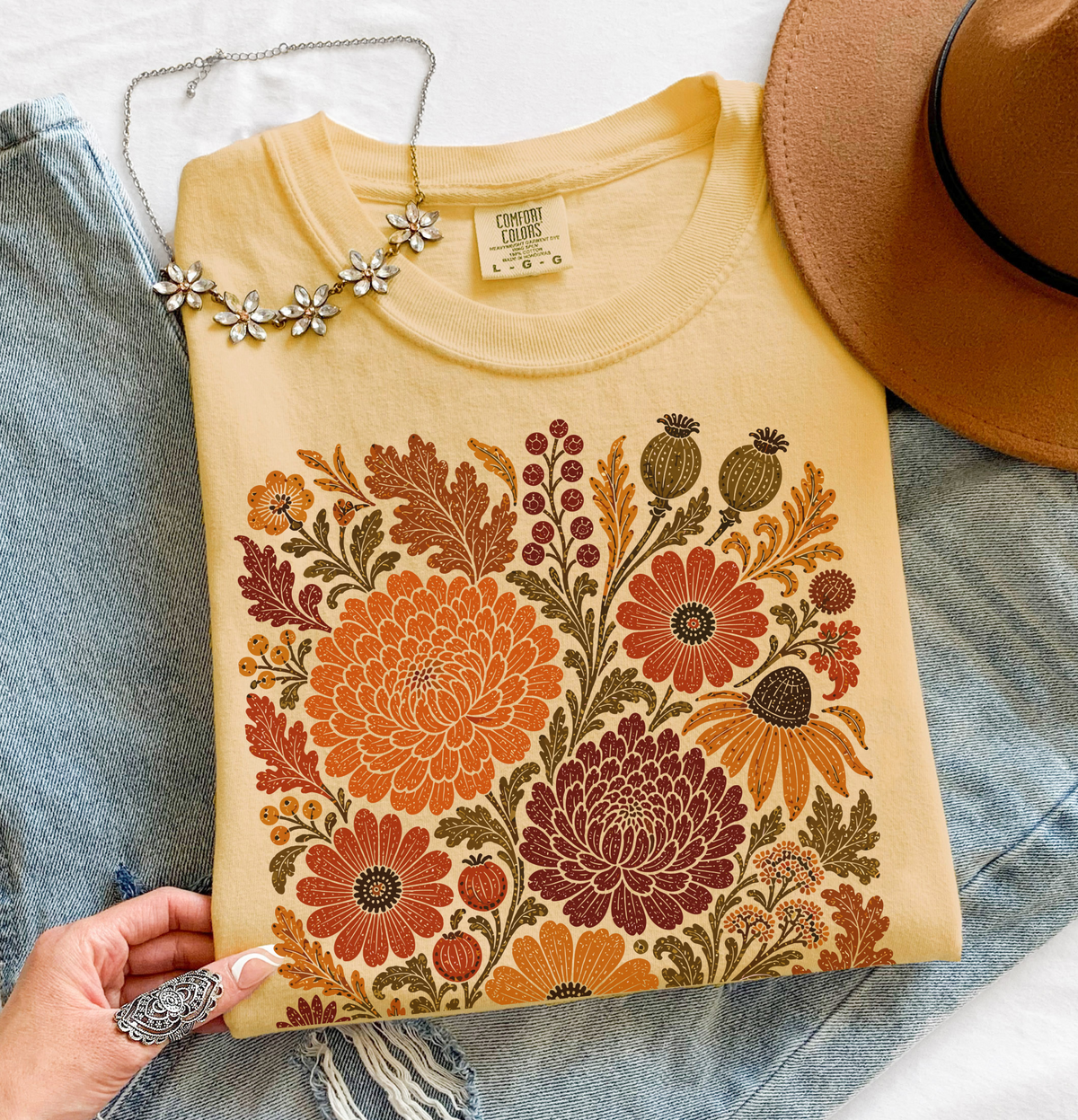 Fall Floral T-Shirt, Comfort Colors Tee, Botanical Art Shirt, Boho Cottagecore Shirt