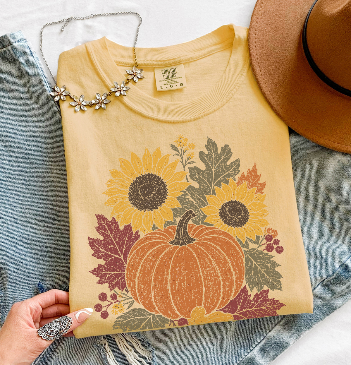 Fall Pumpkin Floral T-Shirt, Comfort Colors Tee, Botanical Autumn Shirt, Boho Cottagecore Tee