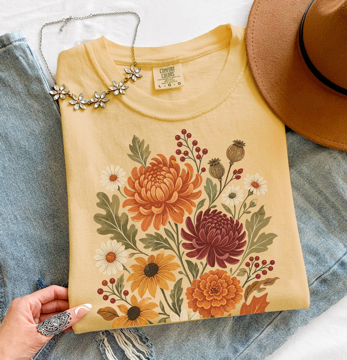 Fall Floral T-Shirt, Vintage Botanical Tee, Boho Fall Flowers