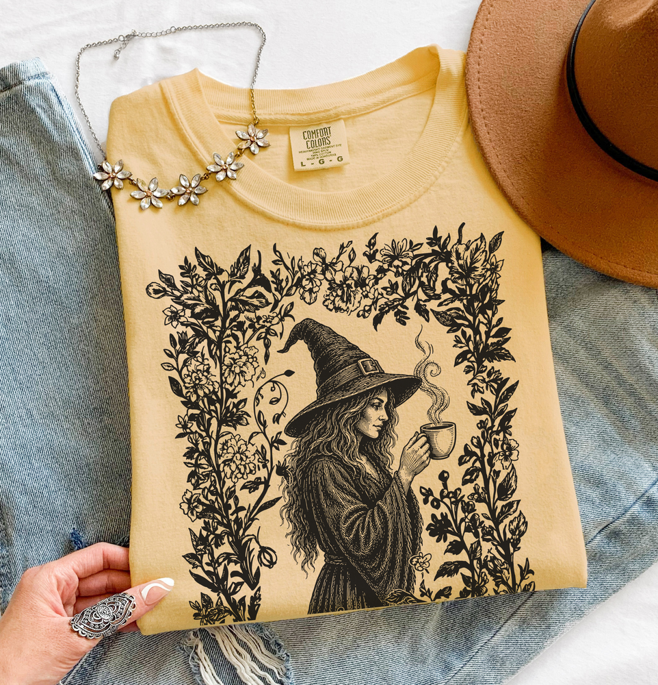 Witch Coffee Lover Shirt, Retro Vintage Floral Style Shirt, Comfort Colors Tee, Halloween