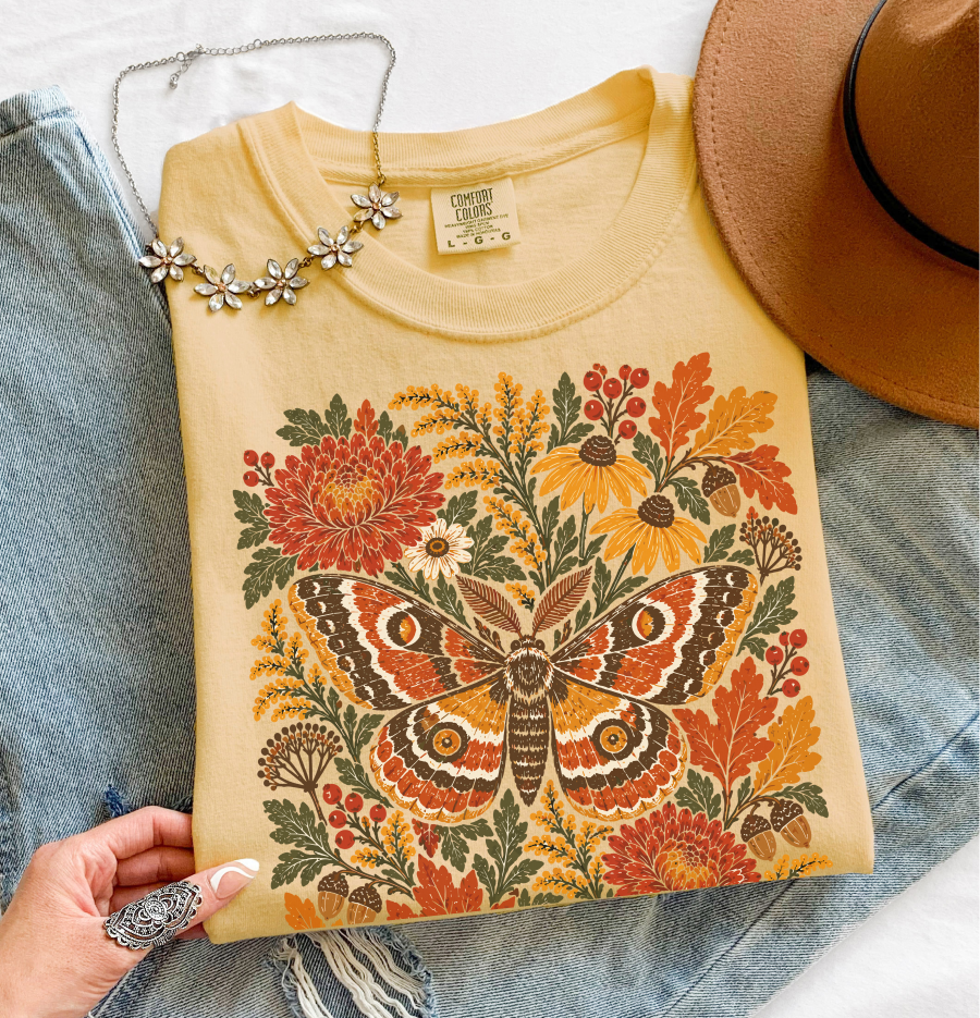 Moth Floral Fall T-Shirt, Vintage Wildflower Shirt