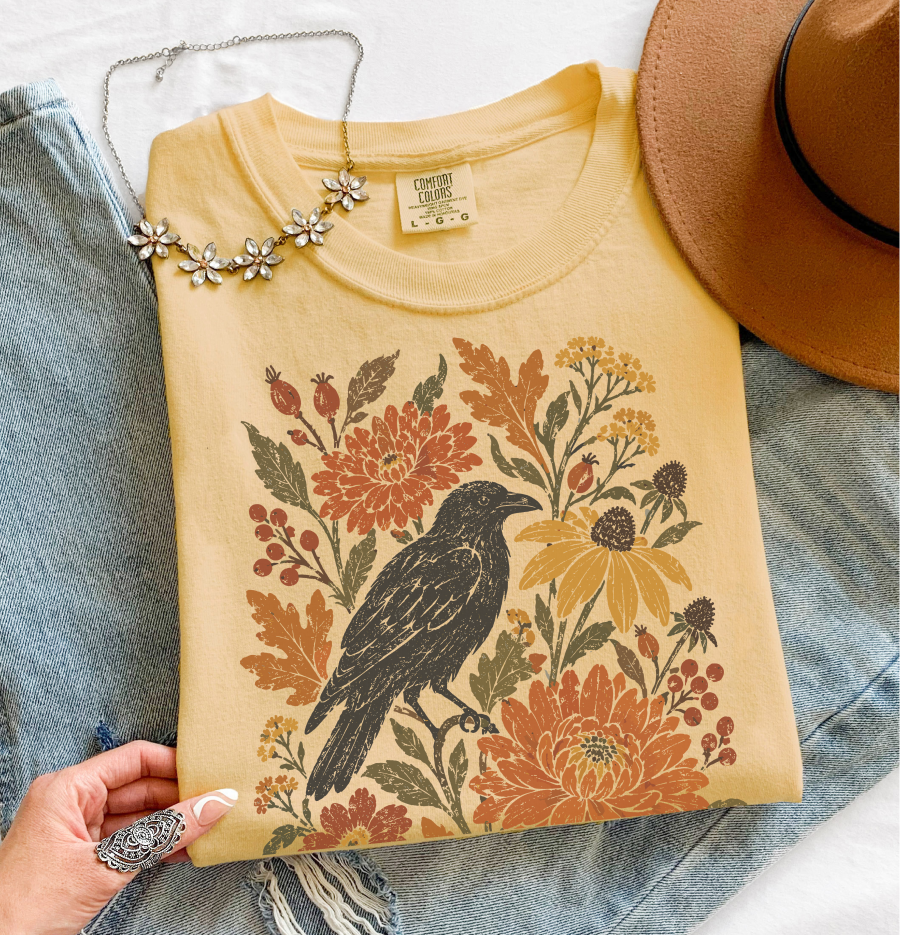 Crow Fall T-Shirt, Fall Floral Shirt, Autumn Botanical Tee
