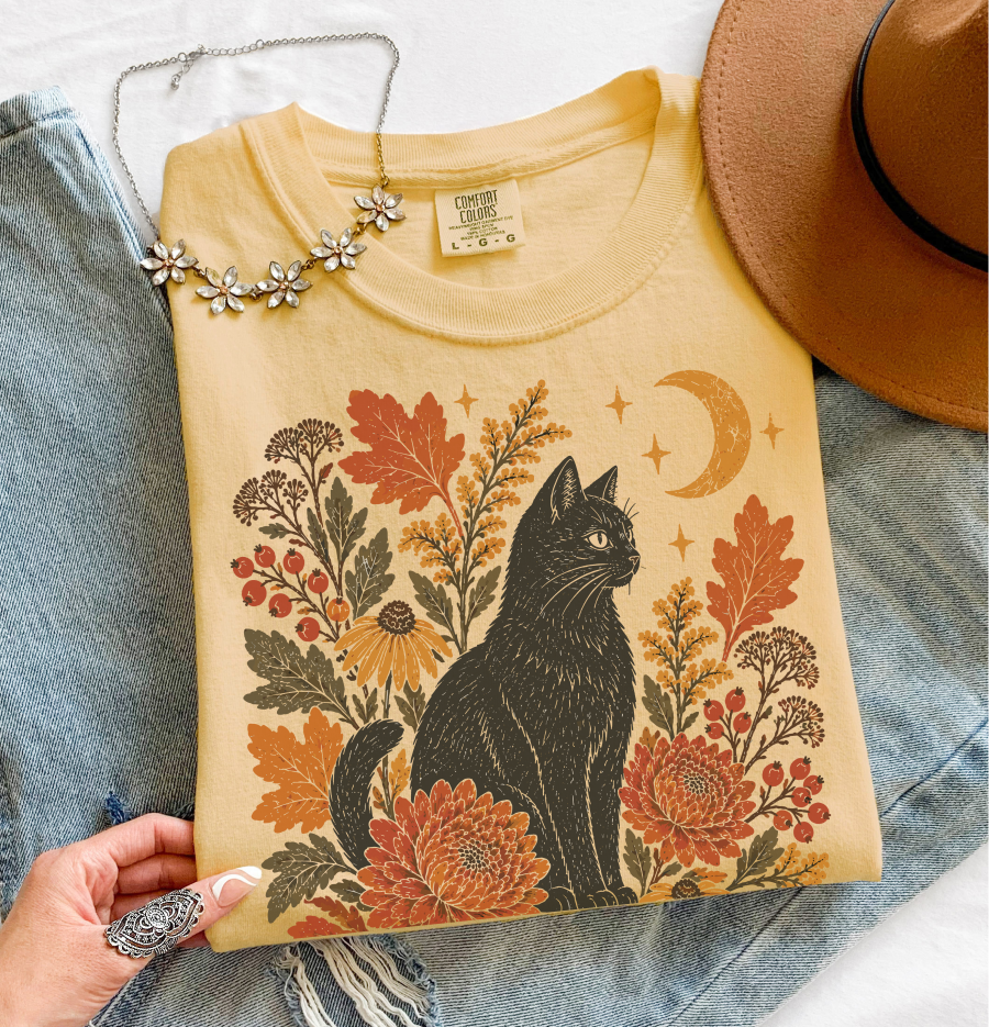 Black Cat Fall Shirt, Autumn Floral Graphic Tee