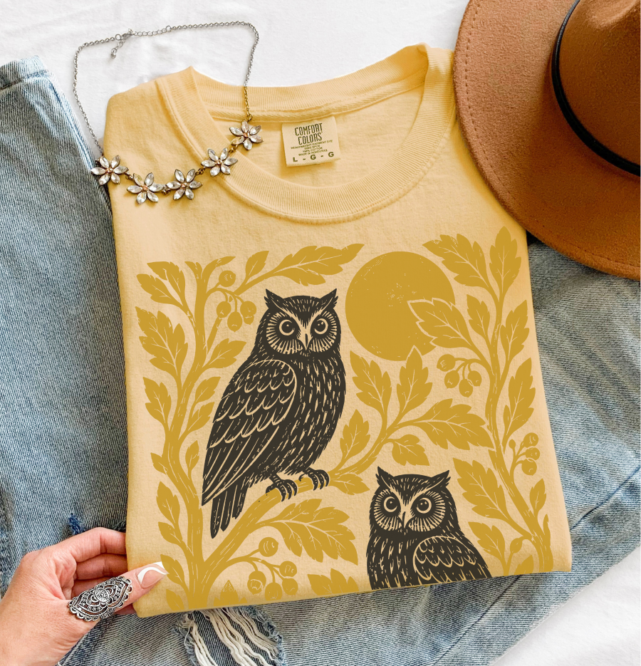 Vintage Owl T-Shirt, Owl Nature Graphic Tee, Botanical Shirt, Comfort Colors Tee