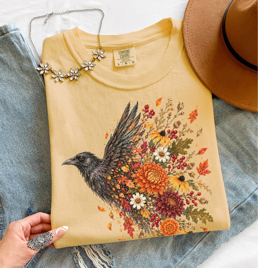 Crow Floral T-Shirt, Fall Flowers and Leaves Nature Shirt