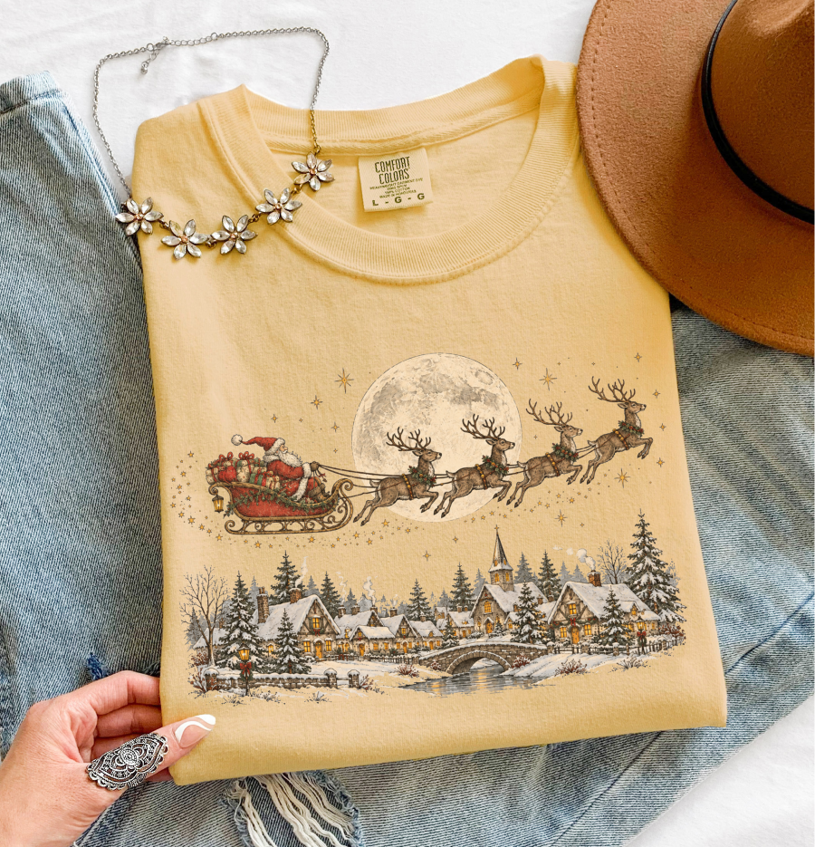 Vintage Christmas Shirt, Santa and Reindeer Tee, Comfort Colors Tee