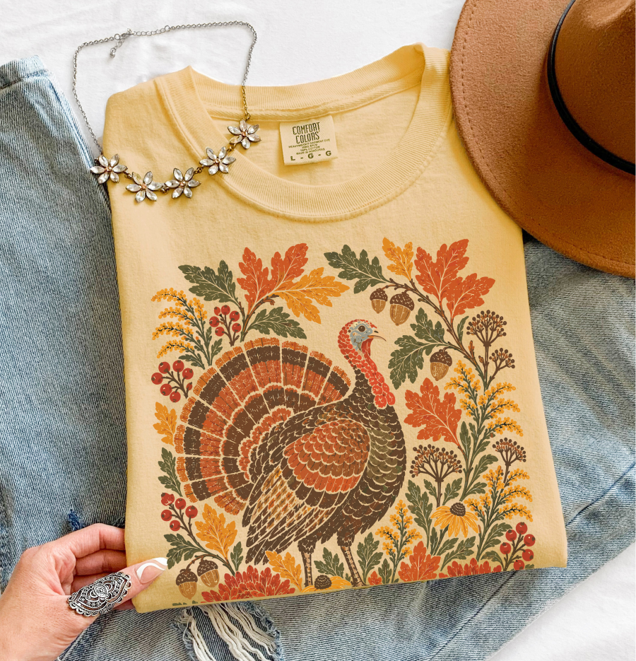 Thanksgiving Turkey T-Shirt, Fall Leaves and Flowers